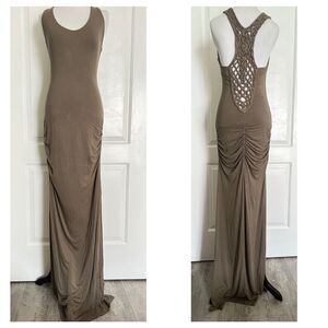 CARIBBEAN QUEEN Boutique Hunter Olive Racerback Maxi Dress Macrame Ruched M